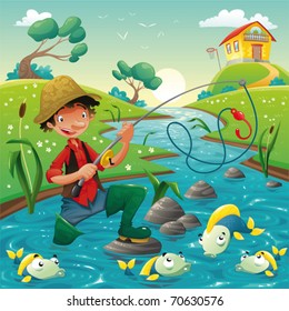 Cartoon scene with fisherman and fish. Vector illustration, isolated objects