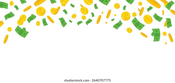 Cartoon scene of green bills and golden coins falling from the sky. Vector illustration drawing for jackpot, finance or rich lifestyle visuals