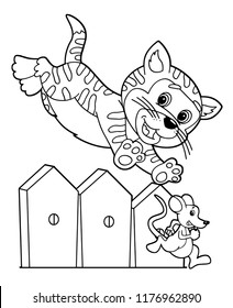 cartoon scene with happy cat jumping over the wooden fence chasing mouse on white background - vector coloring page - illustration for children