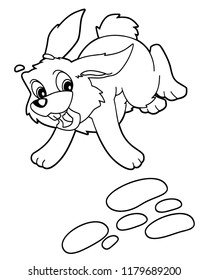 cartoon scene with happy rabbit jumping and running on white background - vector coloring page - illustration for children