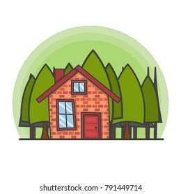 Cartoon scene with house in the forest illustration. Doodle vector, hand drawn building