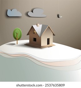 A cartoon scene with a house, a tree, and a river below. Vector illustration EPS10