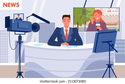 Cartoon scene with live interview of woman journalist holding microphone on screen, presenter sitting at table on stage. Journalism, television concept. TV breaking news in studio vector illustration