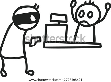 Cartoon scene of a masked robber holding a gun at a frightened cashier with hands raised in the air at a counter