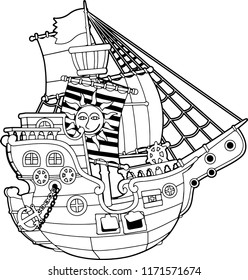 cartoon scene with pirate ship - vector coloring page - illustration for children