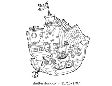 cartoon scene with pirate ship - vector coloring page - illustration for children