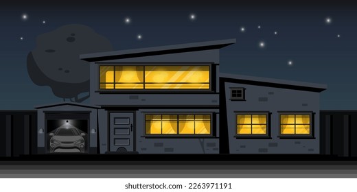 Cartoon scene resident family housing at night with personal car in garage, Digital marketing illustration.