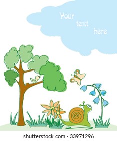 Cartoon scene with snail and butterfly
