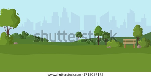 マンガ風景または緑の公園 木 石 茂み 芝生を持つ自然の屋外の緑の場所 背景に都市の風景 町のかわいい四角 バナーのベクターイラスト のベクター画像素材 ロイヤリティフリー