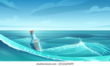 Cartoon scenery of tropics, paper hope message or scroll map of pirate treasure inside bottle in water. Tropical sea landscape with glass bottle vector illustration. 3D Illustration