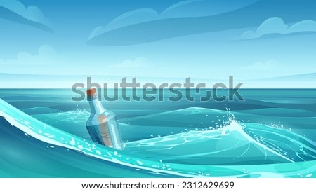 Cartoon scenery of tropics, paper hope message or scroll map of pirate treasure inside bottle in water. Tropical sea landscape with glass bottle vector illustration. 3D Illustration