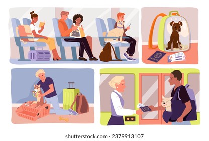 Escenas de caricaturas en avión y autobús, entrenar con personas y mascotas dentro de cajas de plástico, transporte y entrega de animales. Viajes con gatos y perros en la ilustración vectorial del conjunto de transporte