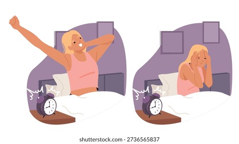 Cartoon scenes set showing two morning states of happy, energized woman waking up refreshed and tired, grumpy woman struggling to get out of bed. Sleep quality and mood comparisons vector illustration