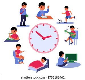 Cartoon schedule for child life flat vector illustration. Kid sleeping, having breakfast, studying at school, eating, playing football, watching TV, playing guitar, using toilet. Daily routine concept