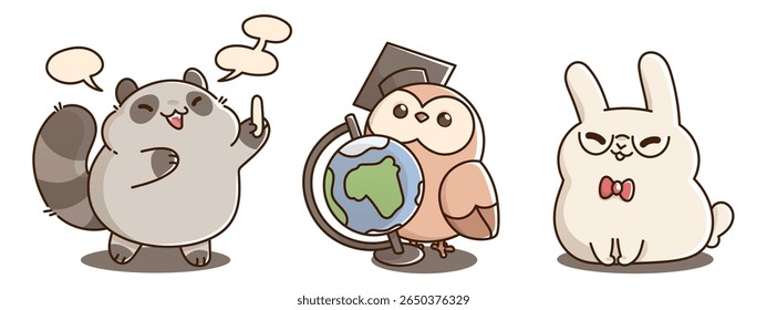 Animais de escola de desenhos animados - guaxinim bonito com giz na pata e bolhas de fala ao redor, coruja sábia vestindo boné de graduação segurando globo, coelho nerd com gravata. Mascotes educacionais bonitos para aprender design