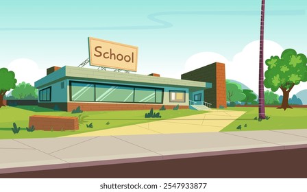 Vetor de fundo de escola de desenhos animados, edifício de escola, fundo de desenhos animados