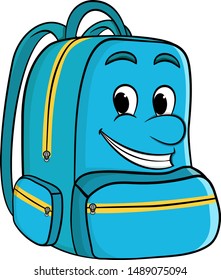 Cartoon school backpack in blue with a face. Back to school. vector on a white background