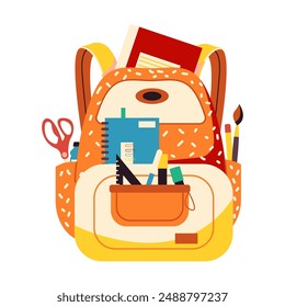 Cartoon school backpack with educational gear on white background. Vector artwork features various writing tools suitable for academic visuals