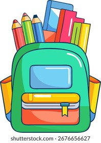 Mochila de escola de desenhos animados repleta de livros e lápis, isolada em branco.