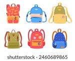 Cartoon school backpacks. Colorful school bags, students backpack for school supplies and notebooks flat vector illustration set. Childish various school bags on white