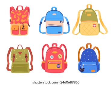 Cartoon school backpacks. Colorful school bags, students backpack for school supplies and notebooks flat vector illustration set. Childish various school bags on white