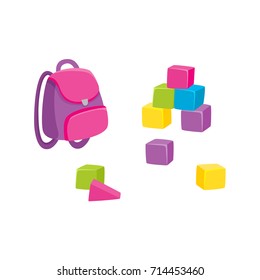 Cartoon school bag, backpack and set of colorful wooden blocks, cubes, vector illustration isolated on white background. 