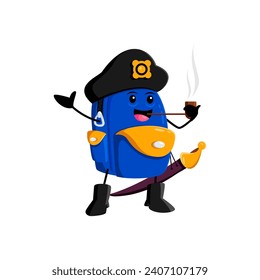 Cartoon school bag pirate and corsair character. Isolated vector playful backpack captain personage in tricorn, smoking the pipe, ready to accompany young adventurers on their educational journey