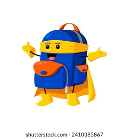 Cartoon school bag superhero and defender character. Isolated vector backpack vigilante personage with vibrant colors, cape, and a mask. Ready to accompany young students on their learning adventures
