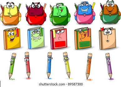 Cartoon school bags, books and pencils