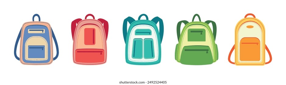 Bolsos escolares de dibujos animados. Mochilas escolares coloridas, bolsos escolares lindos. Vector.