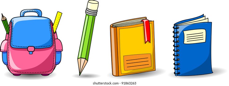 Cartoon school bags, pencils, books, notebooks
