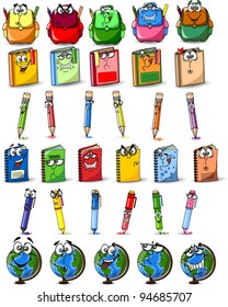Cartoon school bags, pencils, books, notebooks, pen, globe