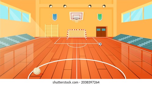 Cartoon School Basketball Gym, Indoor Sports Court. Empty University Gymnasium With Basketball Hoop And Sport Equipment Vector Illustration. College Gymnasium Hall For Fitness With Benches