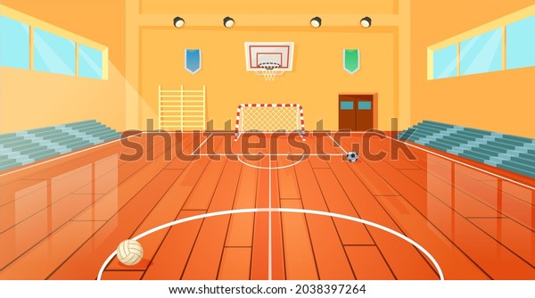 Cartoon school basketball gym, indoor sports\
court. Empty university gymnasium with basketball hoop and sport\
equipment vector illustration. College gymnasium hall for fitness\
with benches