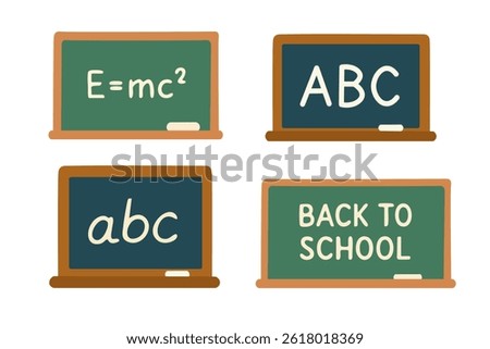 Cartoon school board set with chalk writings: alphabet, formula, and back to school message. Flat vector clipart.