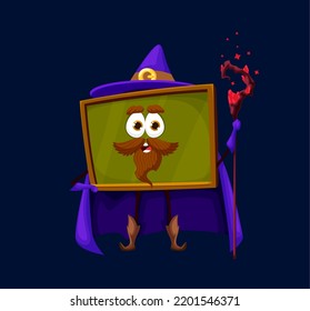 Cartoon School Board Warlock, Wizard Or Mage Character. Isolated Vector Funny Chalkboard Personage With Magic Staff Wear Witch Hat And Cape. Smiling Necromancer Blackboard In Purple Halloween Costume