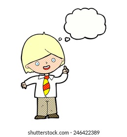 cartoon school boy answering question with thought bubble