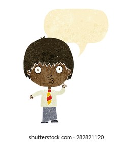 cartoon school boy answering question with speech bubble