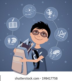 Cartoon school boy with a backpack, filled with school tools, school subjects icons on the background