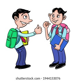  Cartoon school boy with backpack talking in the school.