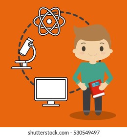 cartoon school boy book computer microscope atom vector illustration eps 10