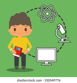 cartoon school boy book pc atom laboratory green background vector illustration eps 10