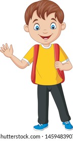 Cartoon school boy carrying backpack waving hand