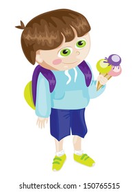 Cartoon school boy with icecream, vector illustrated
