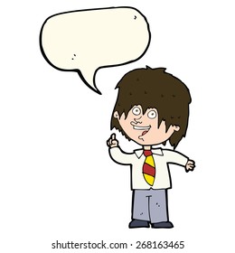 Cartoon-Schuljunge mit Idee mit Sprachblase