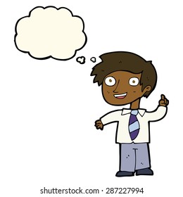 cartoon school boy with idea with thought bubble