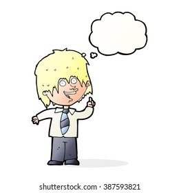 Cartoon-Schuljunge mit Idee mit Denkblase