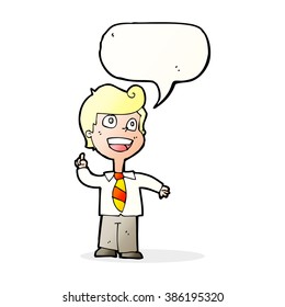 cartoon school boy raising hand with speech bubble