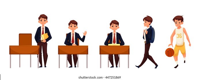 Cartoon school boy standing and sitting at the desk, walking and playing basketball. Vector illustration isolated on white background. Schoolboy in different postures
