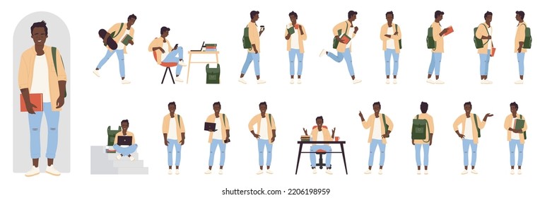 Cartoon School Boy Teenager Sitting At Table With Laptop And Phone To Study, Read Books, Do Exam Or Homework. African American Black Male Student Character Poses, Animation Set Vector Illustration